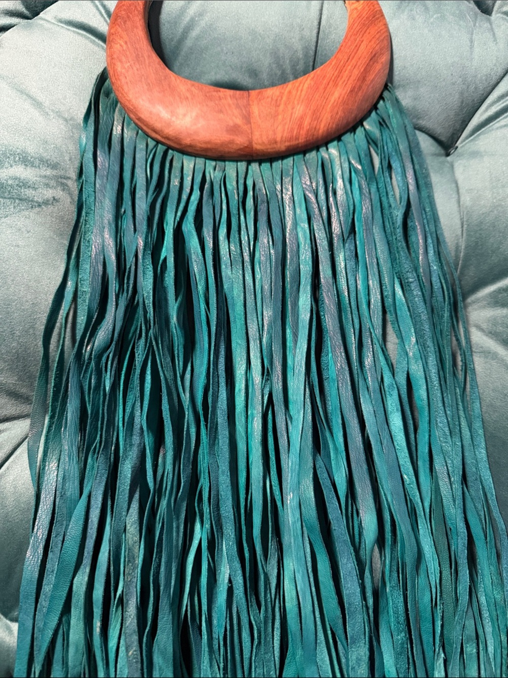 Large Leather Fringe Bib Necklace Turquoise